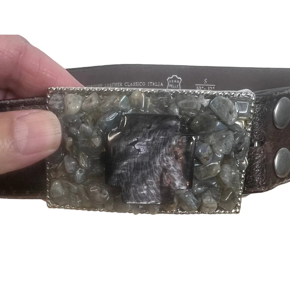 Unknown Leather Belt with Stone Decorated Belt‎ Buckle SZ S